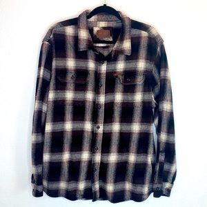 Orvis Heavy Flannel Mens XXL Shirt Jacket Brown Plaid Button‎ Up Shacket Pockets